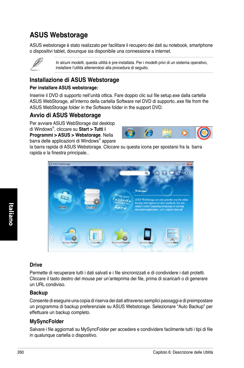 Asus webstorage, Asus.webstorage, Italiano | Installazione.di.asus.webstorage, Avvio.di.asus.webstorage | Asus CM6731 User Manual | Page 262 / 480