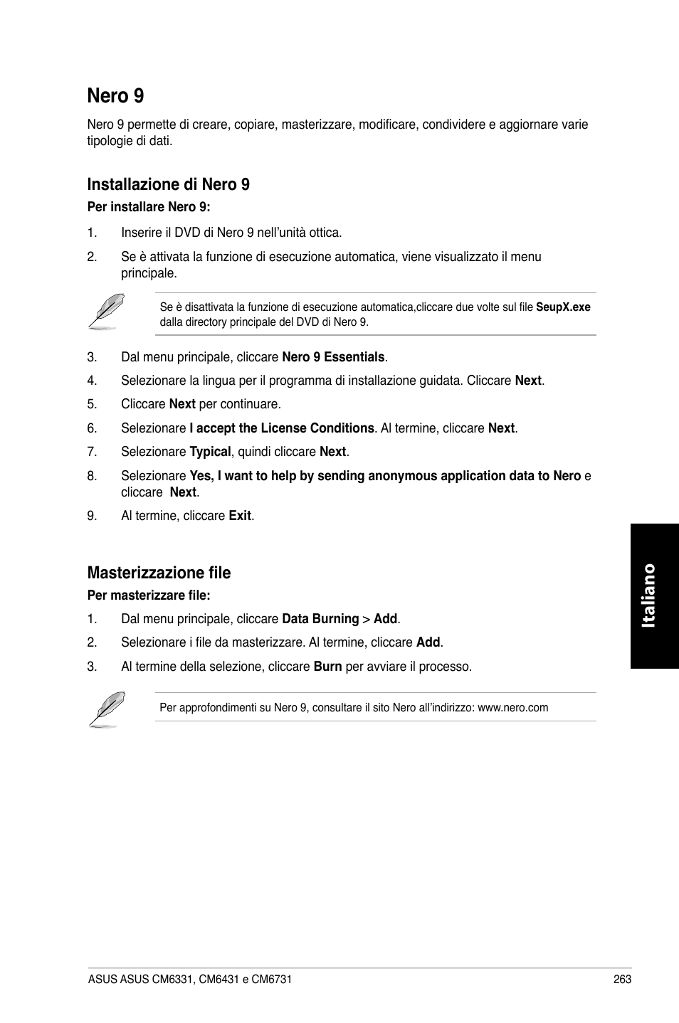 Nero 9, Nero.9, Italiano | Installazione.di.nero.9, Masterizzazione file | Asus CM6731 User Manual | Page 265 / 480