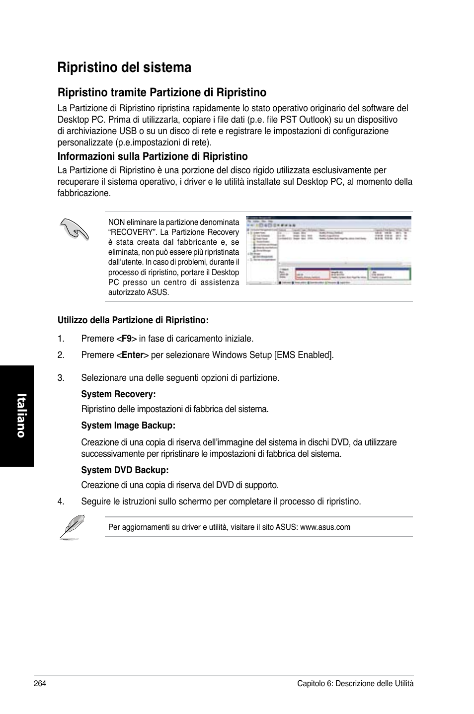 Ripristino del sistema, Ripristino.del.sistema, Italiano | Ripristino.tramite.partizione.di.ripristino | Asus CM6731 User Manual | Page 266 / 480