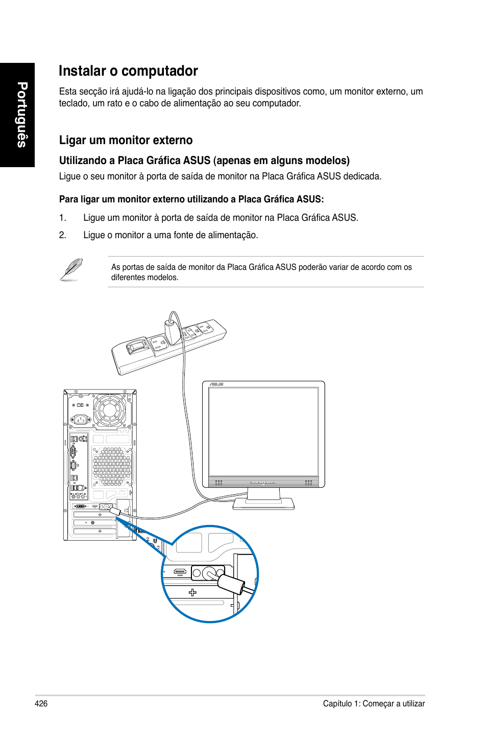 Instalar o computador, Instalar o computador 6, Português | Ligar.um.monitor.externo | Asus CM6731 User Manual | Page 428 / 480