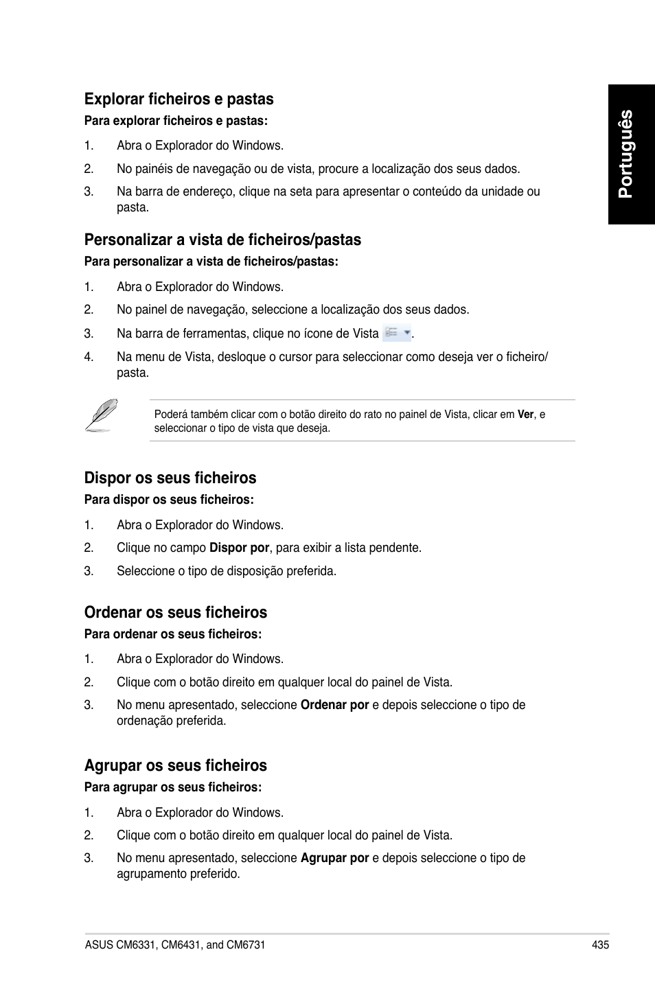 Português, Explorar ficheiros e pastas, Personalizar a vista de ficheiros/pastas | Dispor os seus ficheiros, Ordenar os seus ficheiros, Agrupar os seus ficheiros | Asus CM6731 User Manual | Page 437 / 480