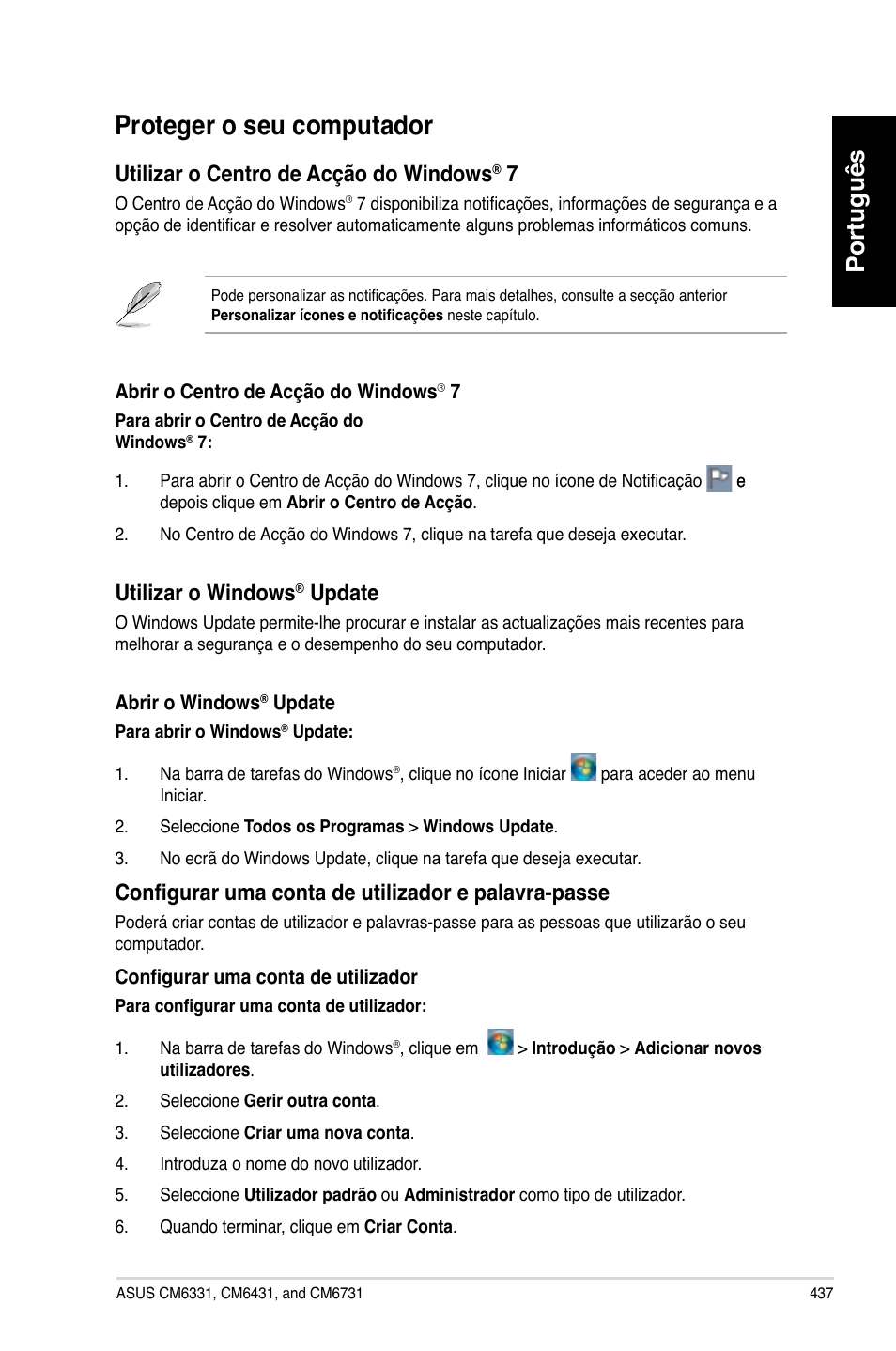 Proteger o seu computador, Proteger o seu computador 7, Português | Utilizar.o.centro.de.acção.do.windows, Utilizar.o.windows, Update, Configurar uma conta de utilizador e palavra-passe | Asus CM6731 User Manual | Page 439 / 480