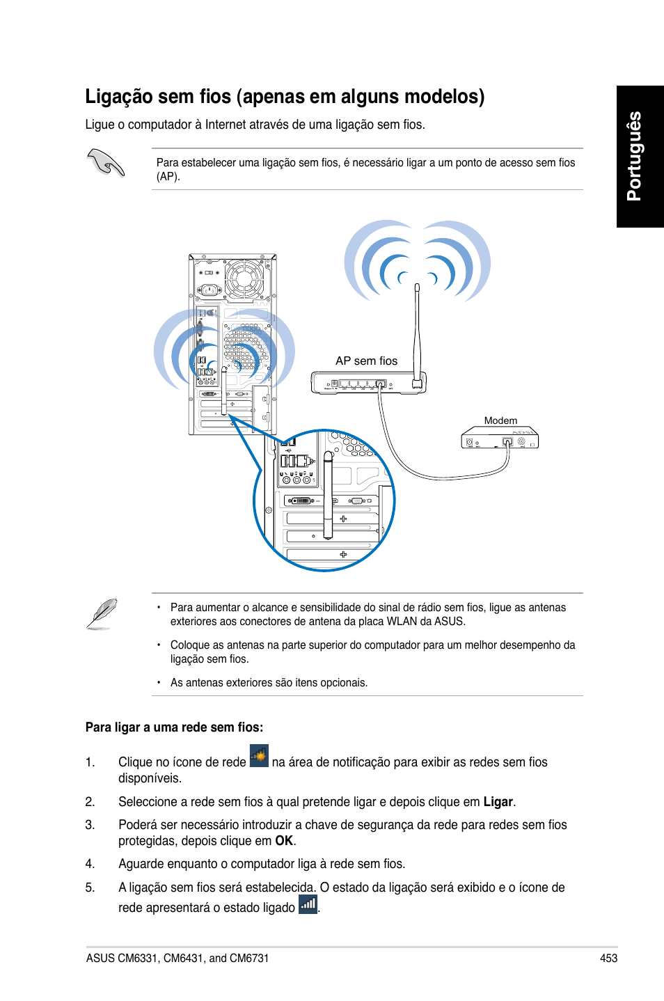 Ligação sem fios (apenas em alguns modelos), Ligação sem fios �apenas em alguns modelos, Português | Asus CM6731 User Manual | Page 455 / 480