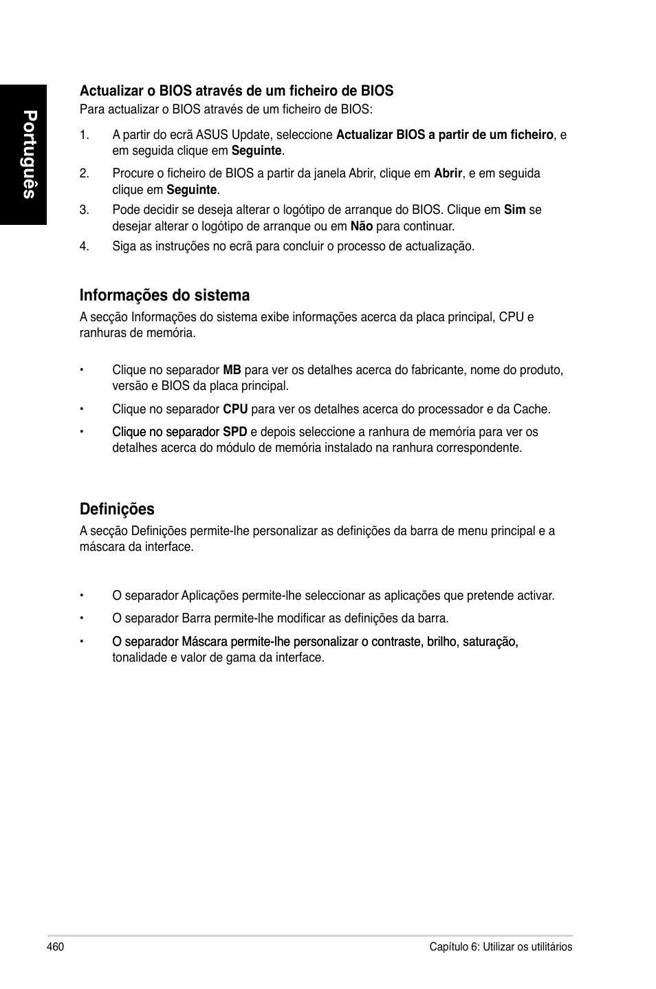 Português, Informações.do.sistema, Definições | Asus CM6731 User Manual | Page 462 / 480