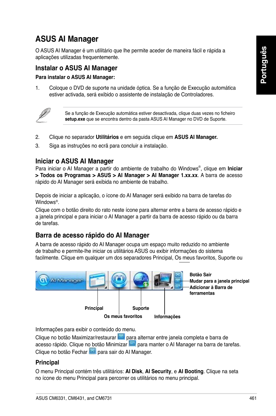 Asus ai manager, Asus.ai.manager, Português | Instalar.o.asus.ai.manager, Iniciar.o.asus.ai.manager, Barra.de.acesso.rápido.do.ai.manager | Asus CM6731 User Manual | Page 463 / 480