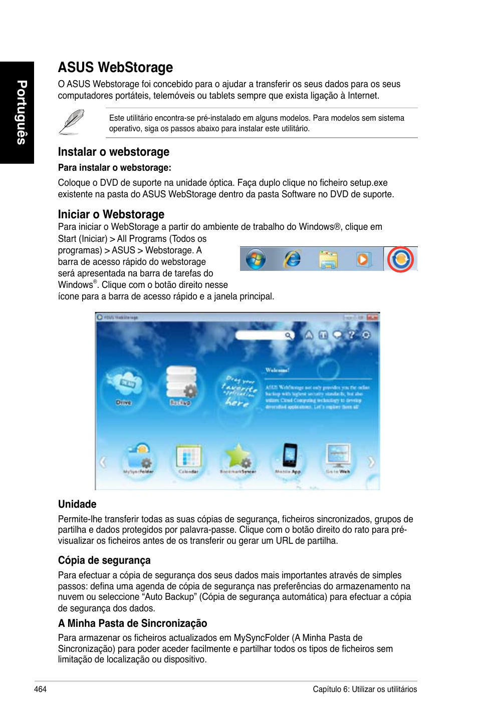 Asus webstorage, Asus.webstorage, Português | Instalar.o.webstorage, Iniciar.o.webstorage | Asus CM6731 User Manual | Page 466 / 480