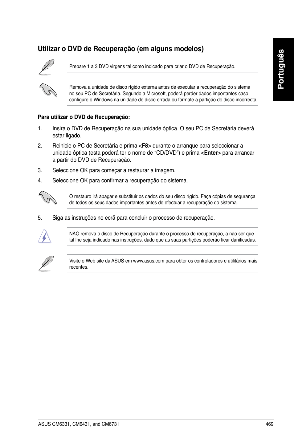 Português, Utilizar.o.d�d.de.recuperação.�em.alguns.modelos | Asus CM6731 User Manual | Page 471 / 480