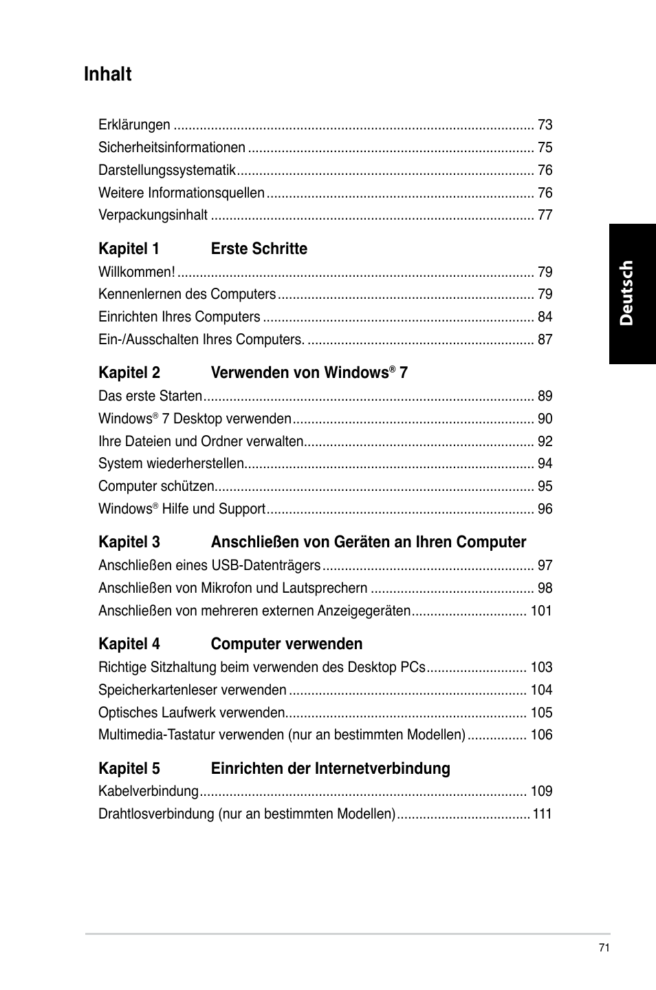 Inhalt, Deutsch d eutsch d eutsch d eutsch | Asus CM6731 User Manual | Page 73 / 480