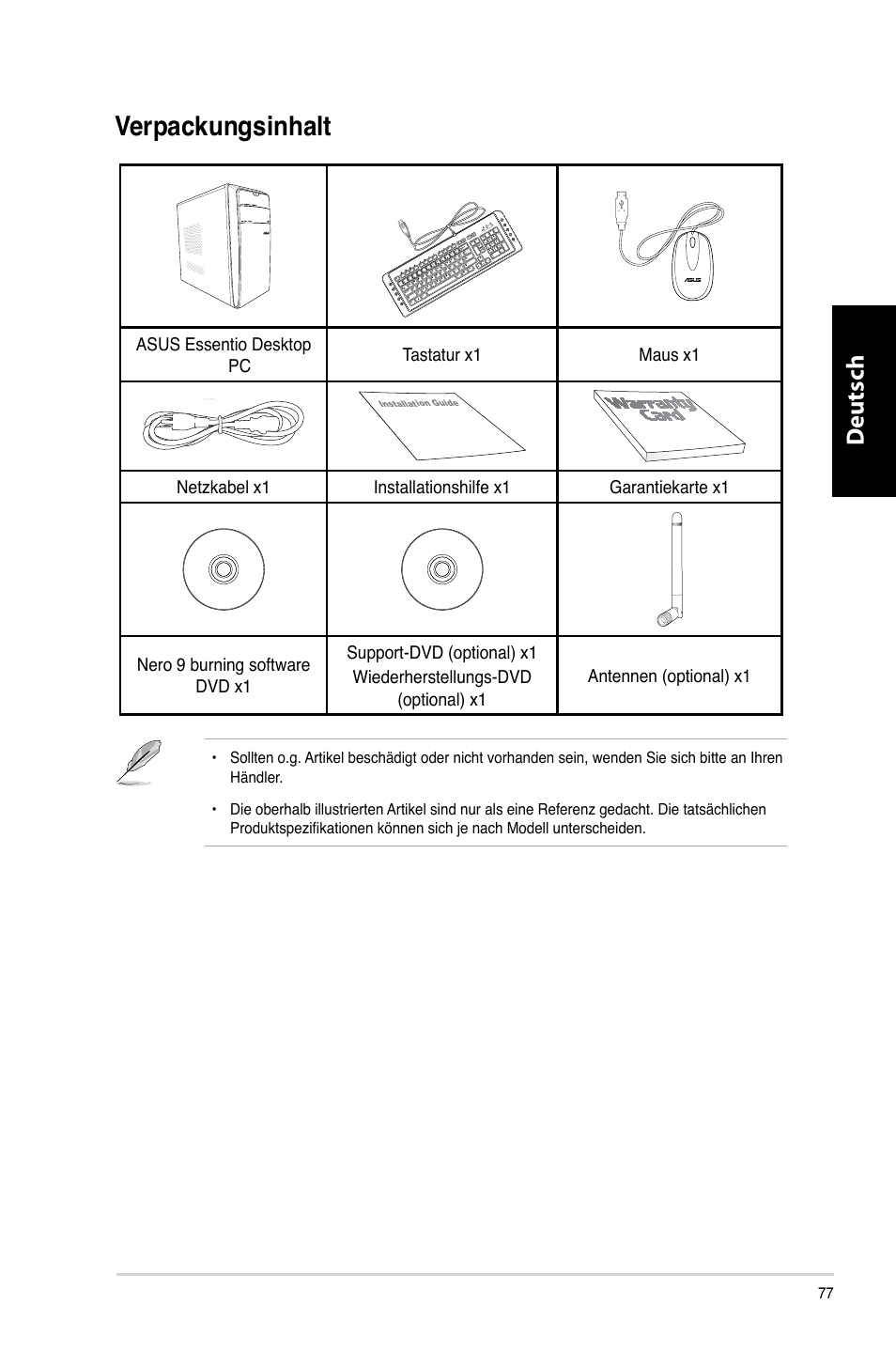 Verpackungsinhalt, Erpackungsinhalt, Deutsch d eutsch d eutsch d eutsch | Asus CM6731 User Manual | Page 79 / 480