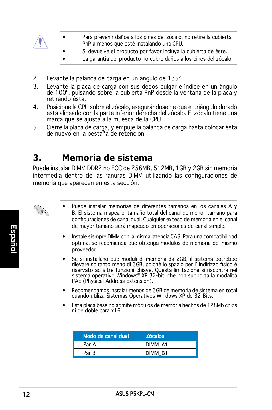 Español | Asus P5KPL-CM User Manual | Page 12 / 38