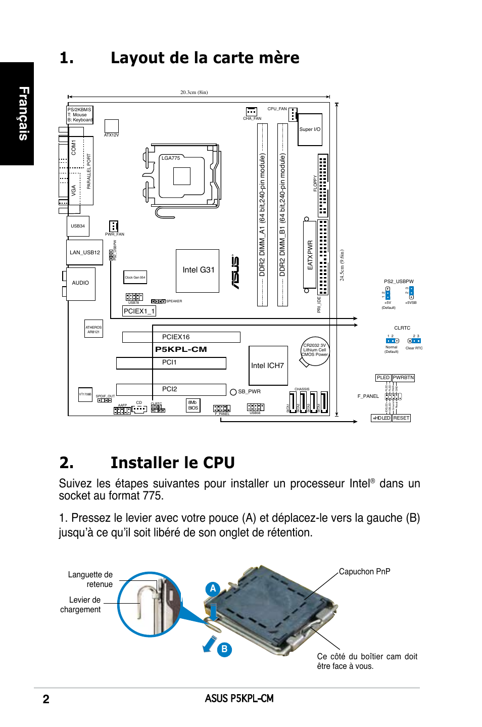 Installer le cpu, Layout de la carte mère, Français | Asus p5kpl-cm, Intel g31, P5kpl-cm, Intel ich7 | Asus P5KPL-CM User Manual | Page 2 / 38