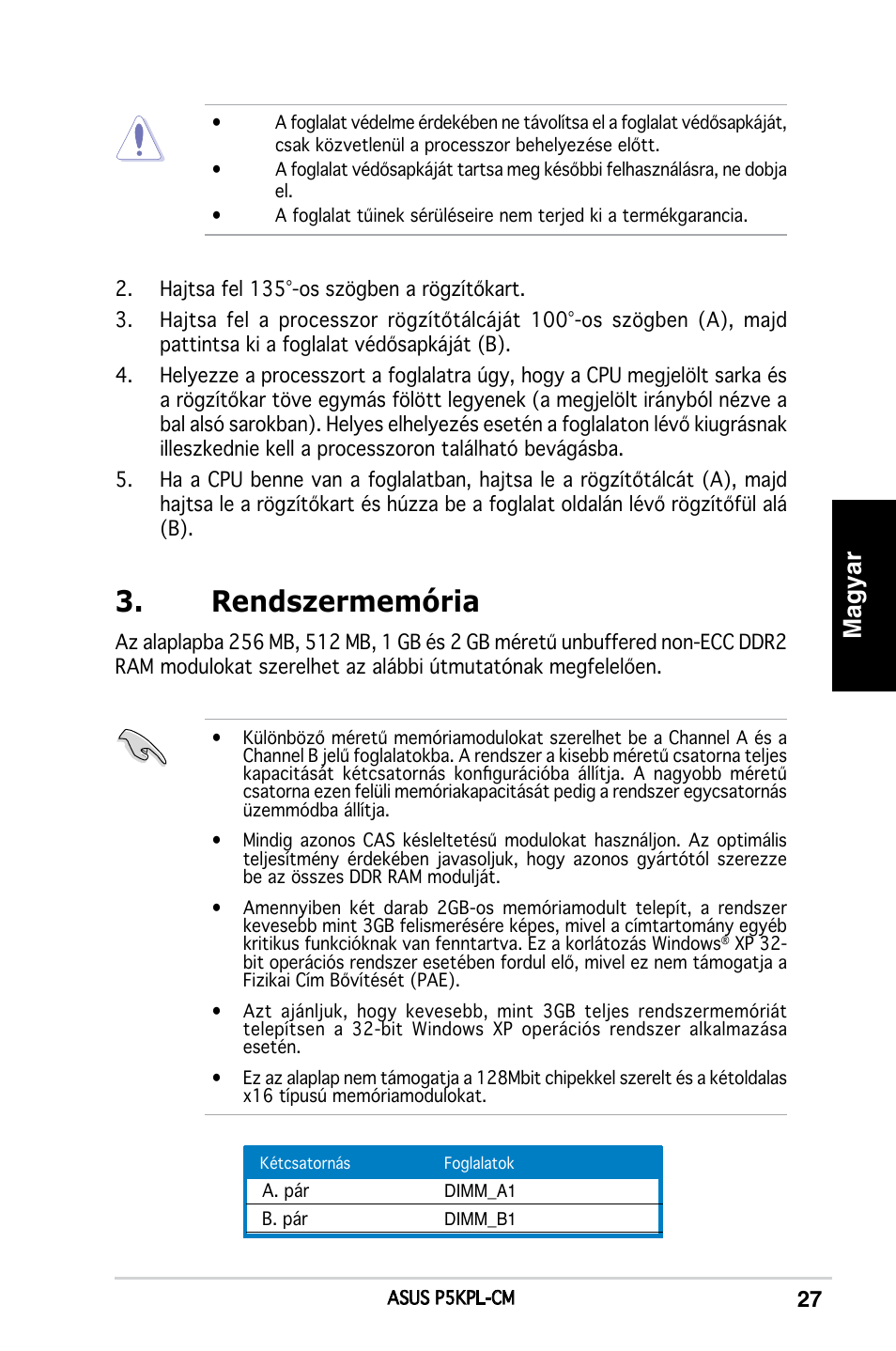 Rendszermemória, Magyar | Asus P5KPL-CM User Manual | Page 27 / 38