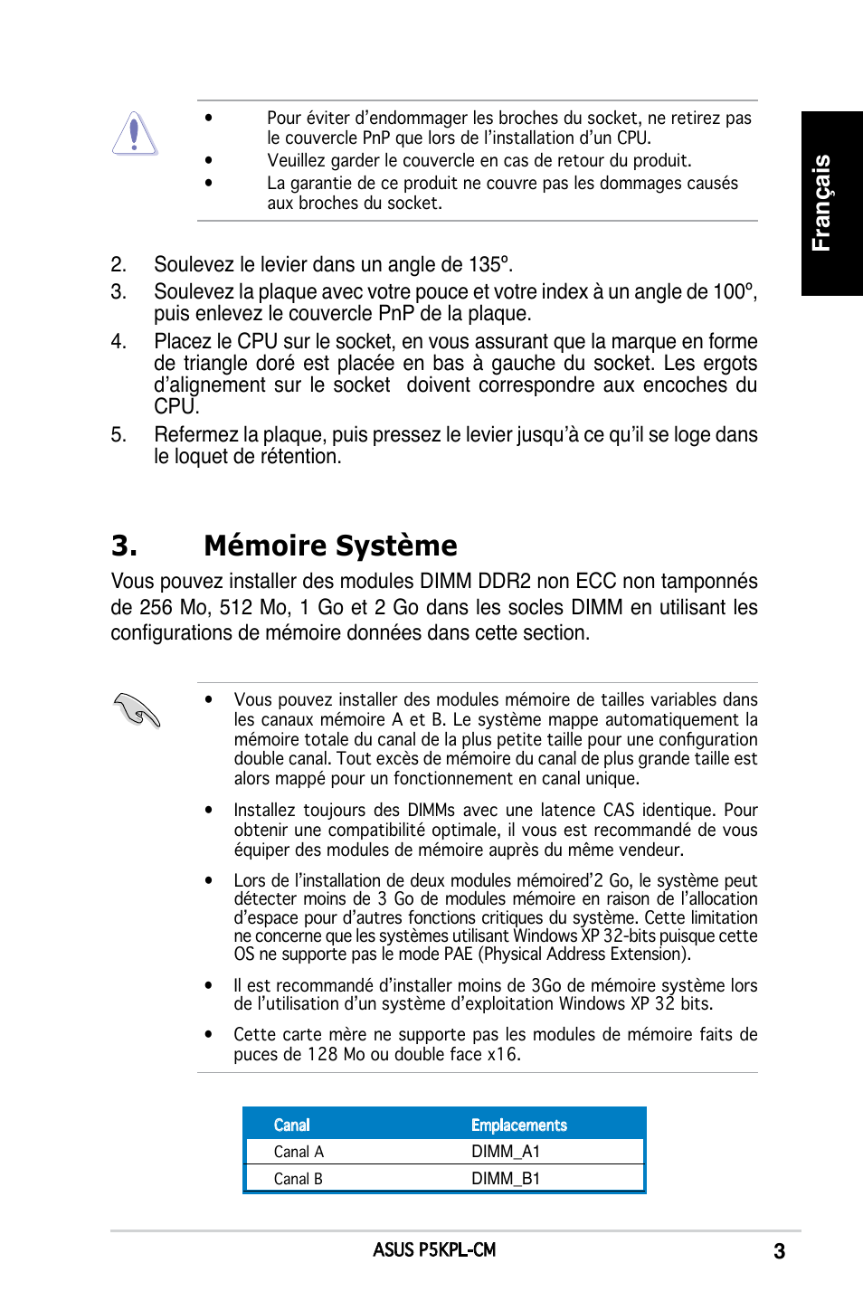 Mémoire système, Français | Asus P5KPL-CM User Manual | Page 3 / 38