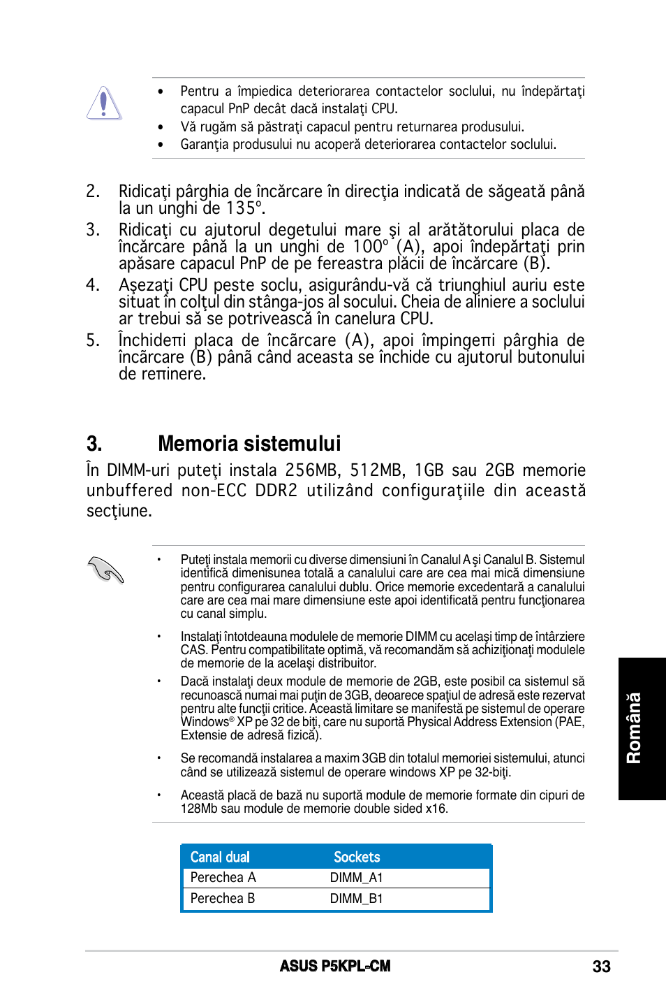 Română | Asus P5KPL-CM User Manual | Page 33 / 38