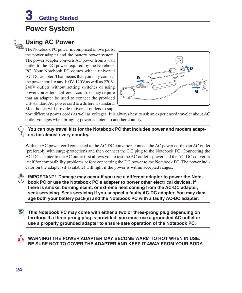 Power system, Using ac power | Asus X72VM User Manual | Page 24 / 91