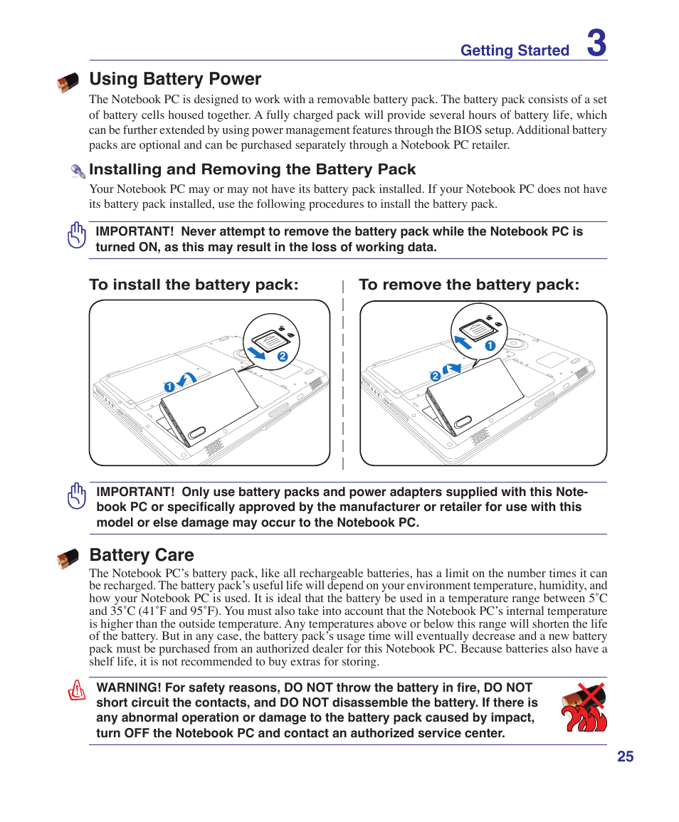 Using battery power, Battery care | Asus X72VM User Manual | Page 25 / 91