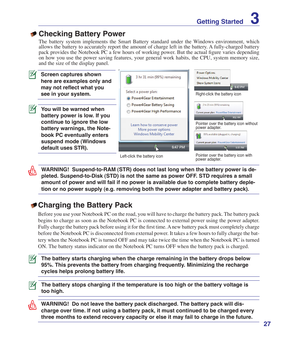 Checking battery power, Charging the battery pack | Asus X72VM User Manual | Page 27 / 91