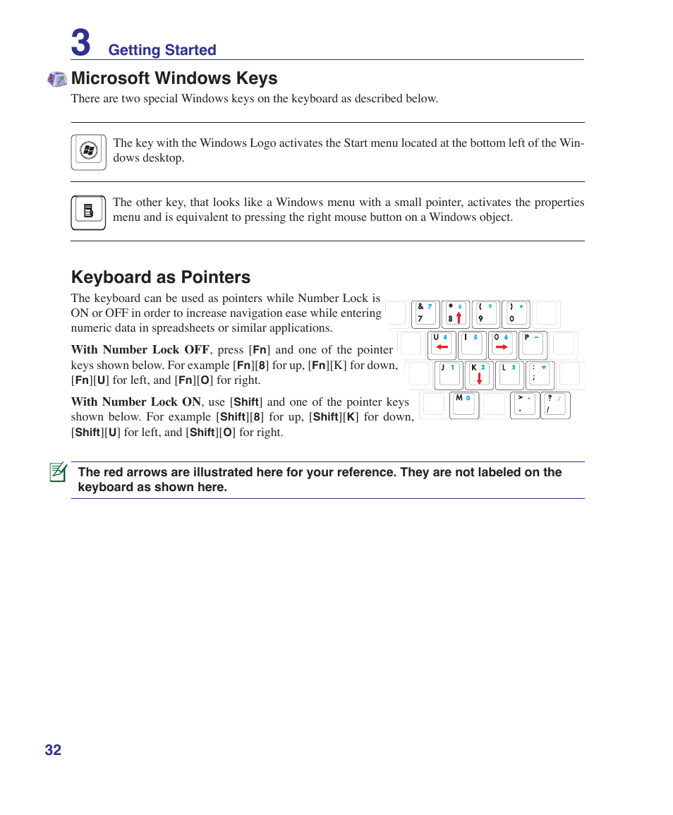 Microsoft windows keys, Keyboard as pointers, Getting started | Asus X72VM User Manual | Page 32 / 91