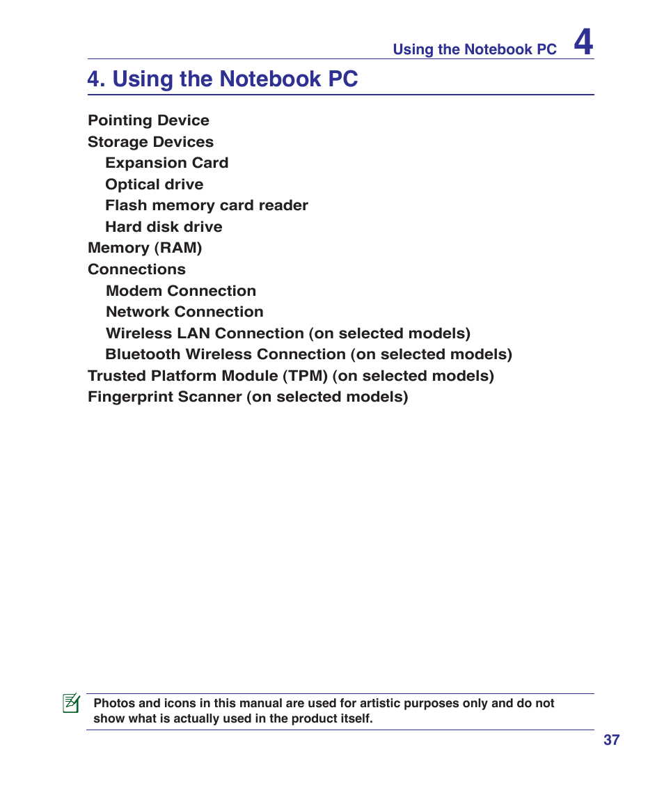 Using the notebook pc | Asus X72VM User Manual | Page 37 / 91