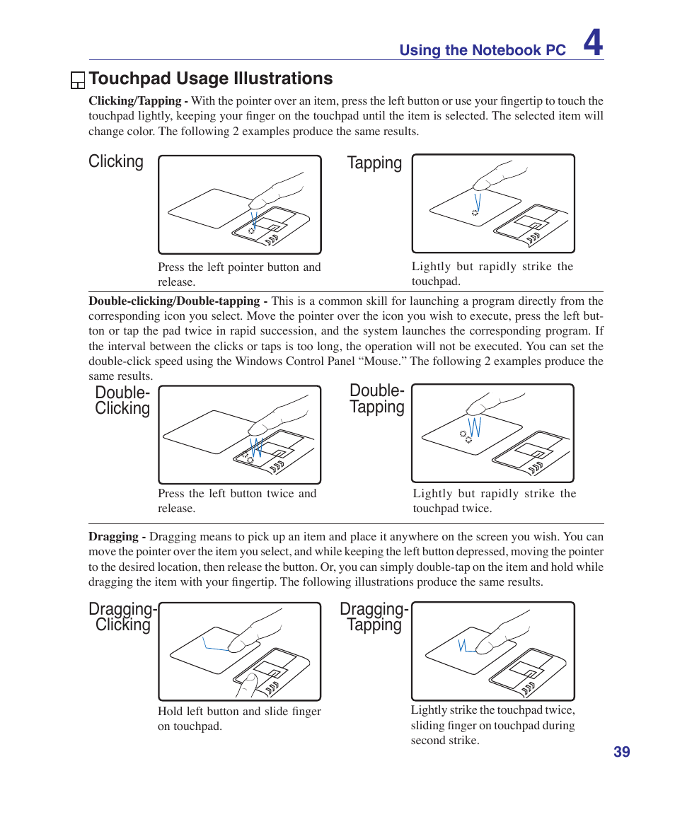Touchpad usage illustrations, Dragging- clicking dragging- tapping | Asus X72VM User Manual | Page 39 / 91