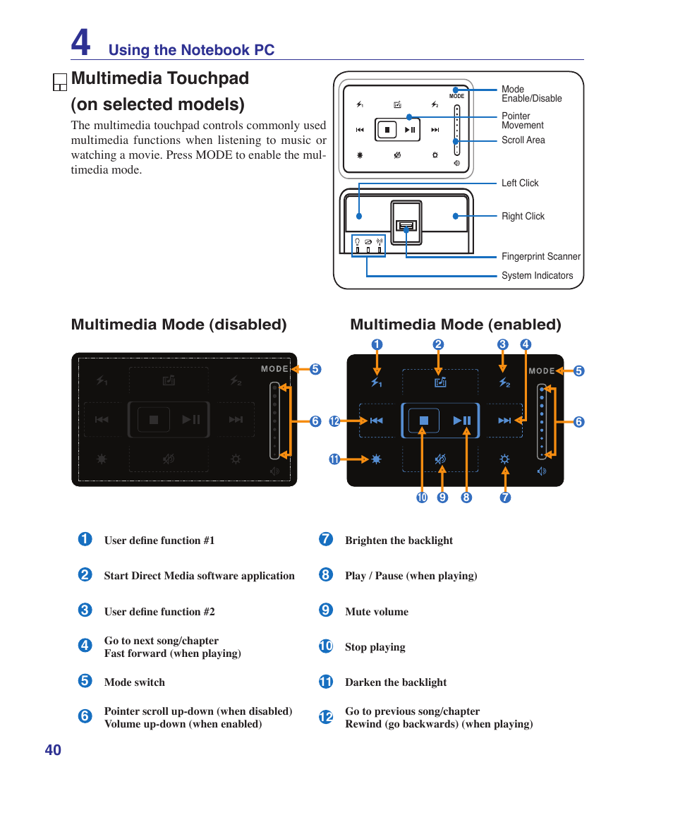 Multimedia touchpad (on selected models) | Asus X72VM User Manual | Page 40 / 91