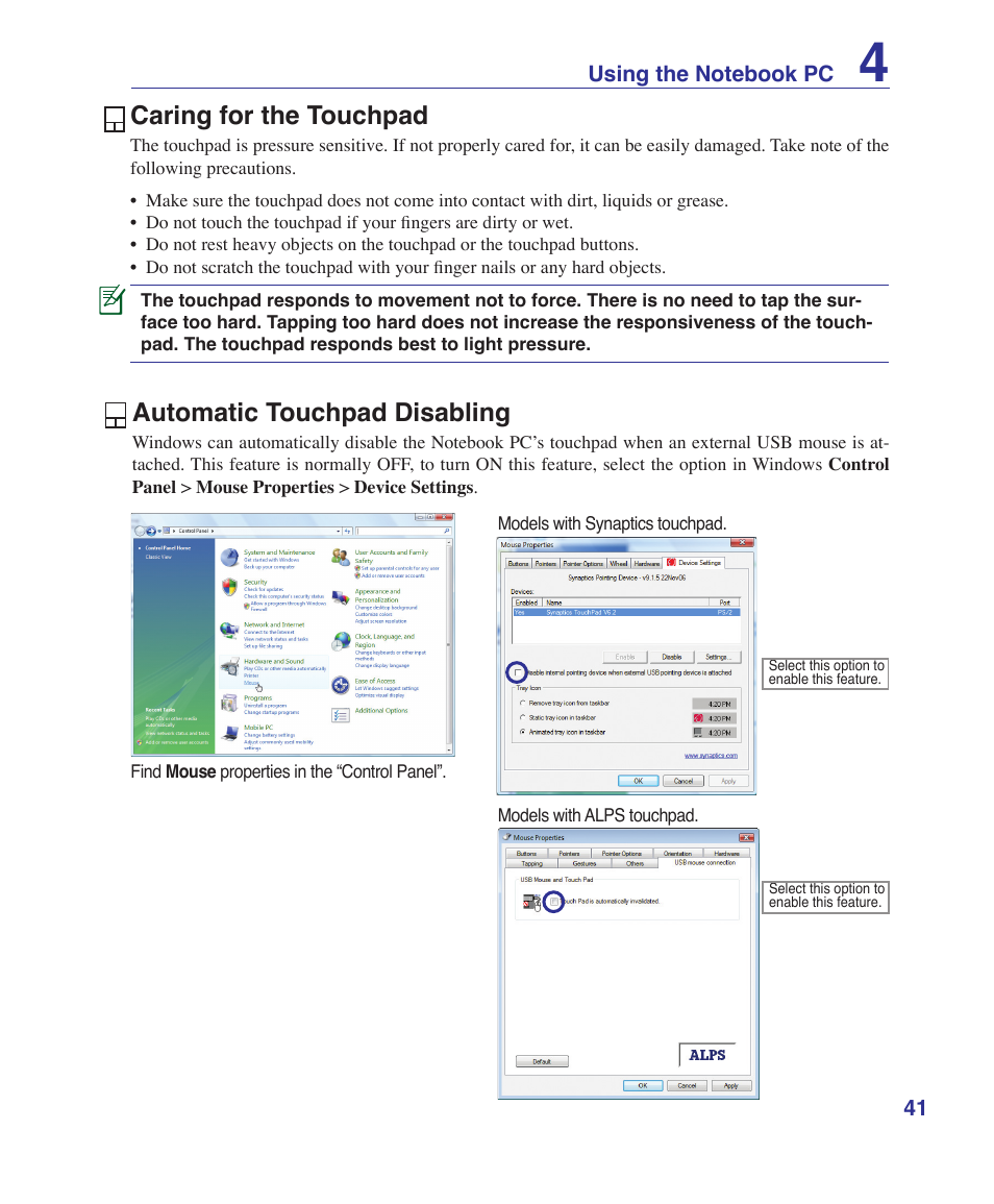 Caring for the touchpad, Automatic touchpad disabling | Asus X72VM User Manual | Page 41 / 91