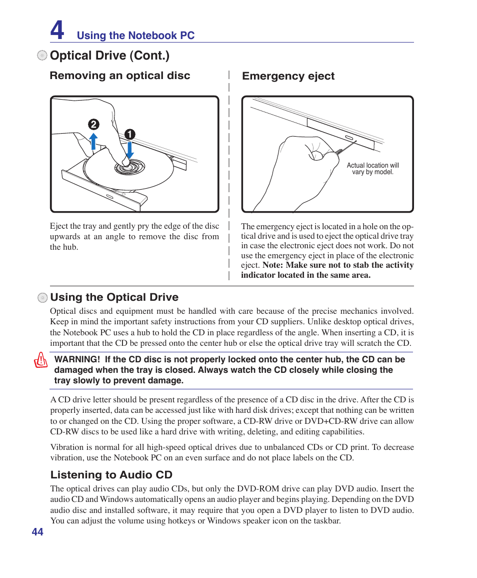 Optical drive (cont.) | Asus X72VM User Manual | Page 44 / 91