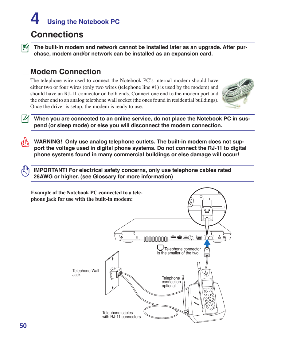 Connections, Modem connection | Asus X72VM User Manual | Page 50 / 91