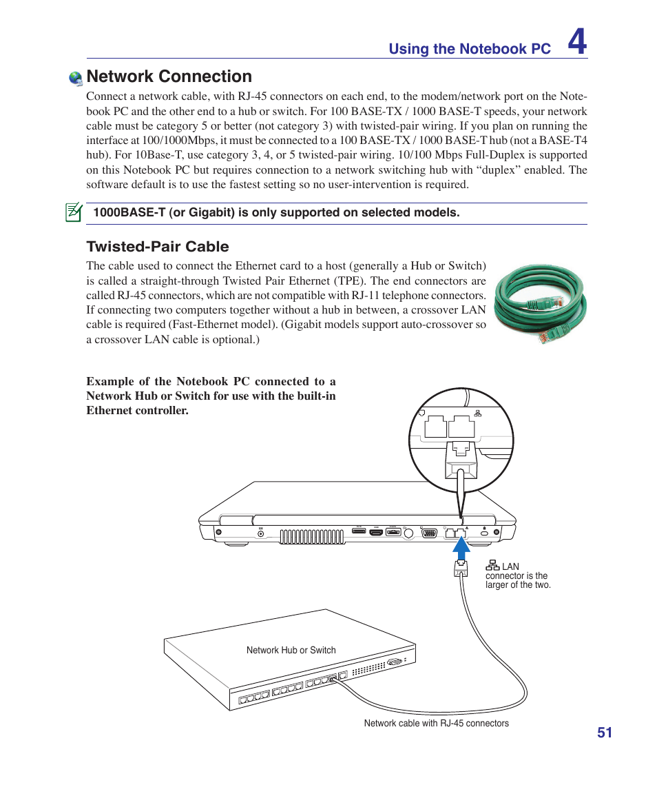 Network connection, Twisted-pair cable | Asus X72VM User Manual | Page 51 / 91