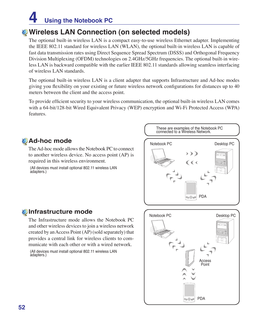 Wireless lan connection (on selected models), Ad-hoc mode, Infrastructure mode | Asus X72VM User Manual | Page 52 / 91