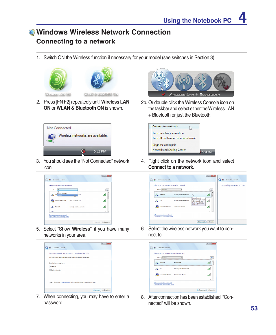 Windows wireless network connection | Asus X72VM User Manual | Page 53 / 91