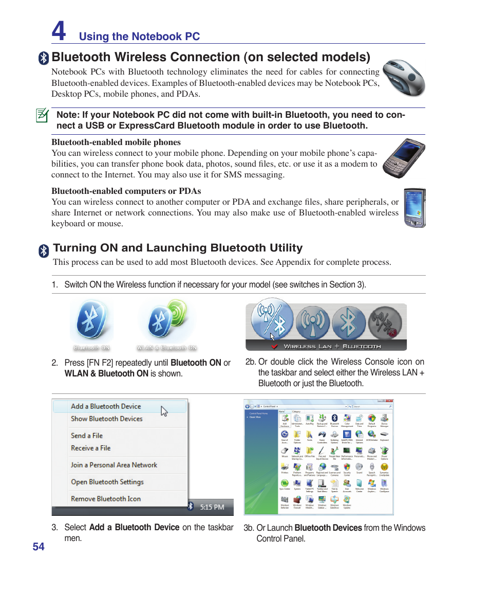 Bluetooth wireless connection (on selected models) | Asus X72VM User Manual | Page 54 / 91