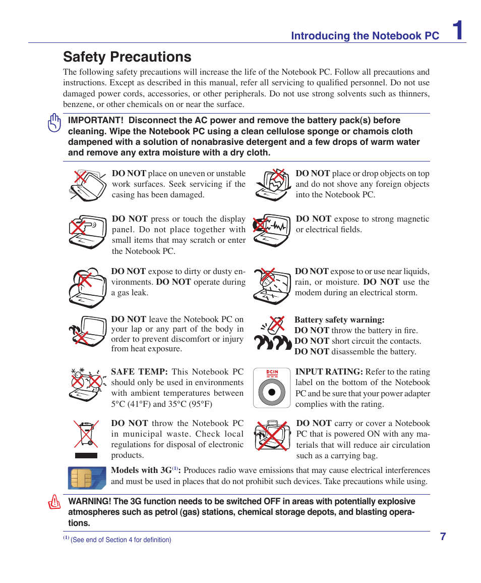 Safety precautions | Asus X72VM User Manual | Page 7 / 91