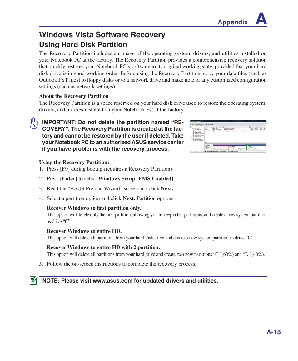 Windows vista software recovery | Asus X72VM User Manual | Page 73 / 91