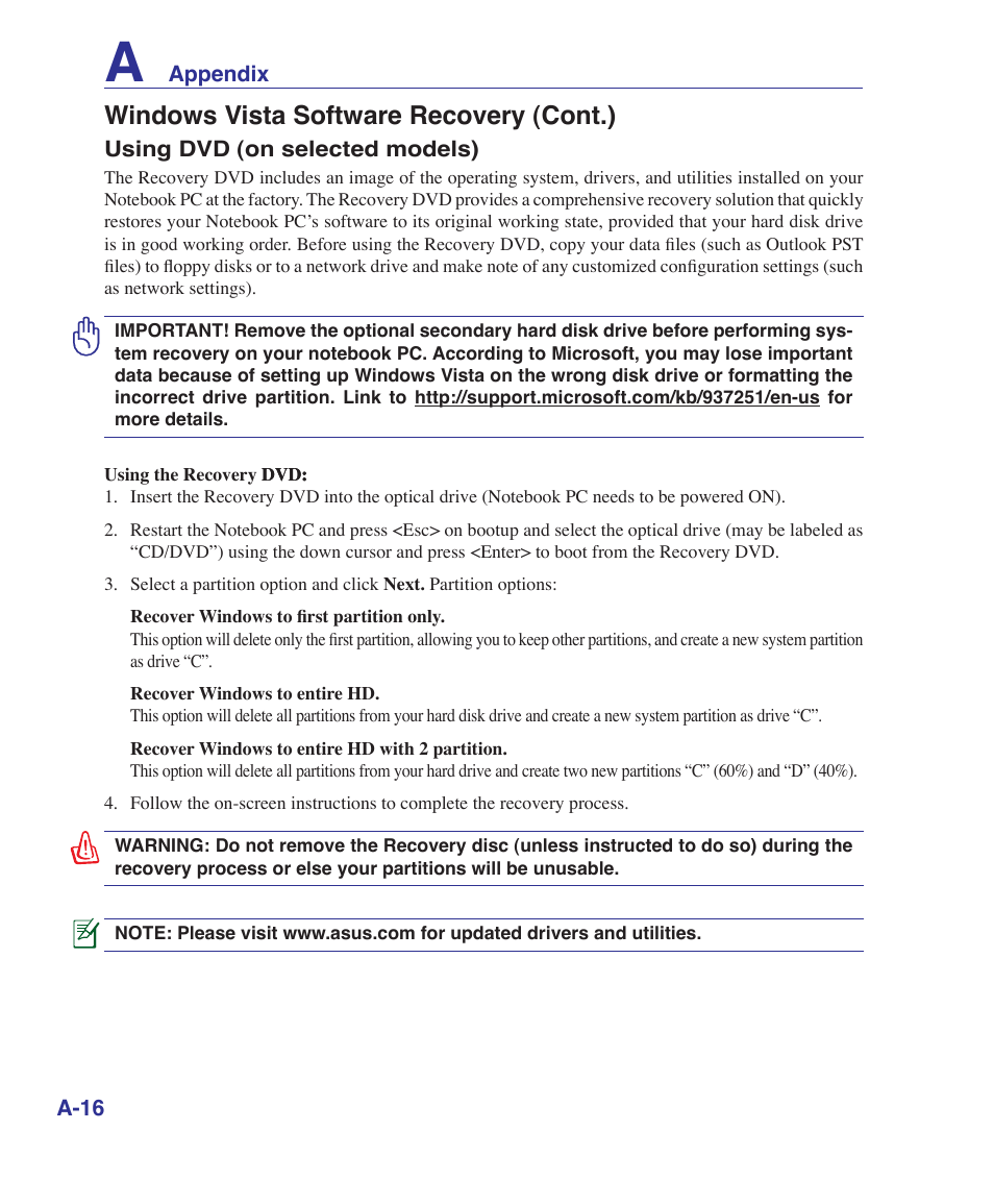 Windows vista software recovery (cont.) | Asus X72VM User Manual | Page 74 / 91