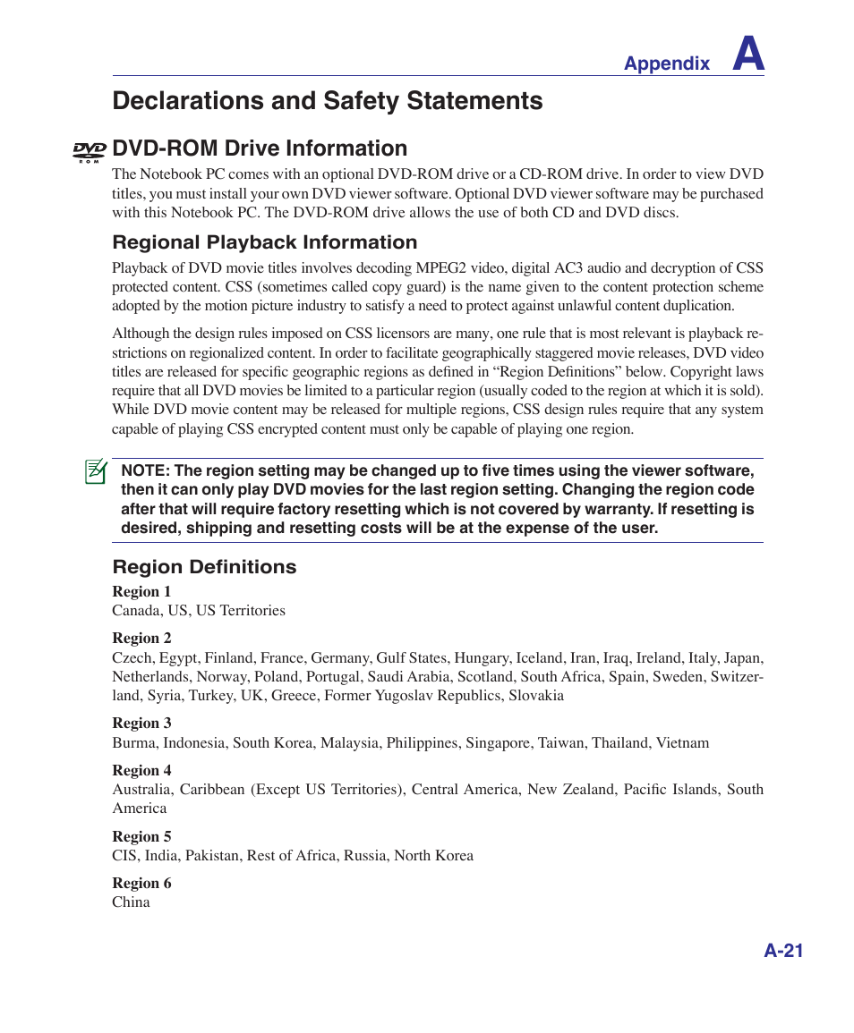 Declarations and safety statements, Dvd-rom drive information | Asus X72VM User Manual | Page 79 / 91