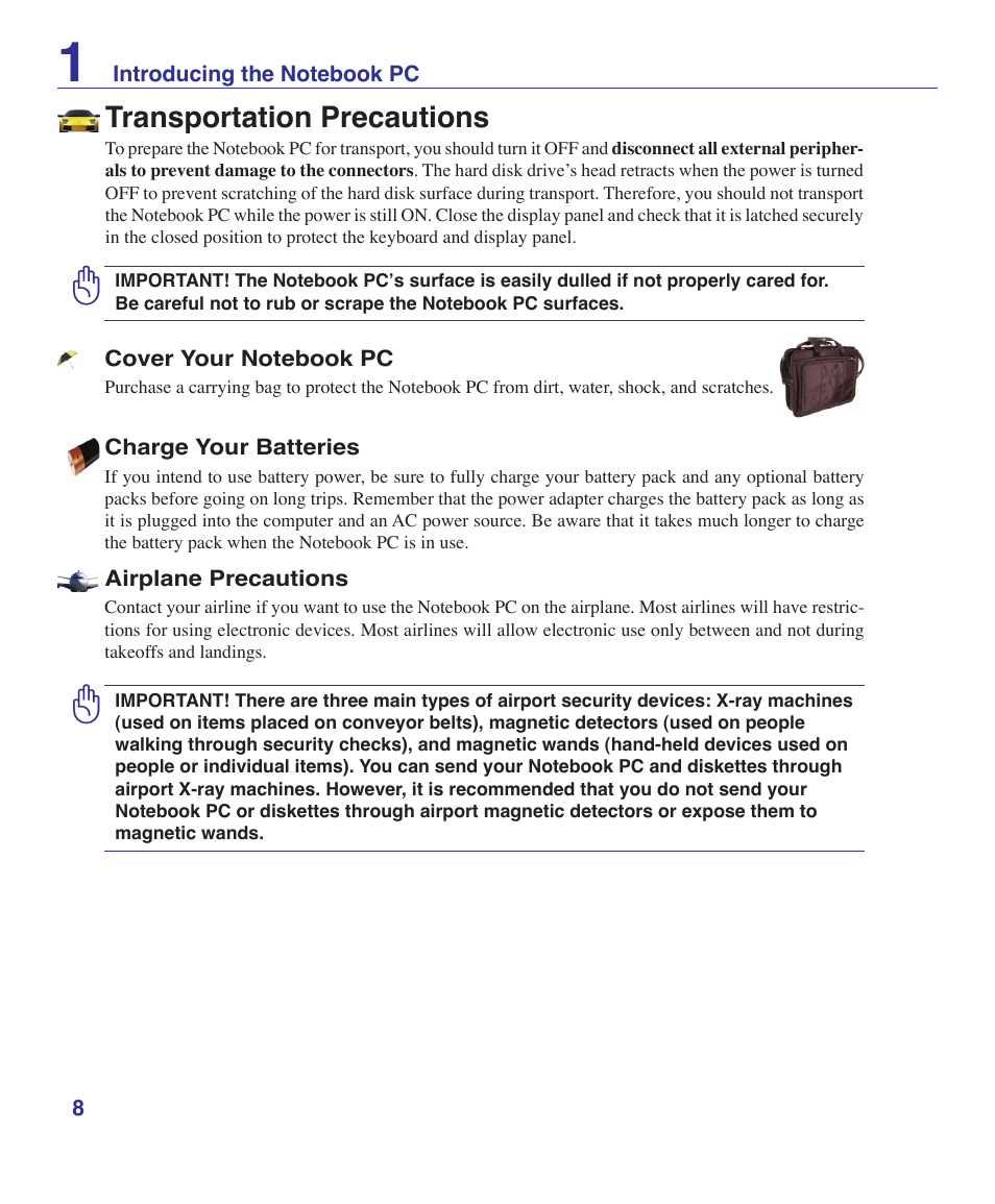Transportation precautions | Asus X72VM User Manual | Page 8 / 91