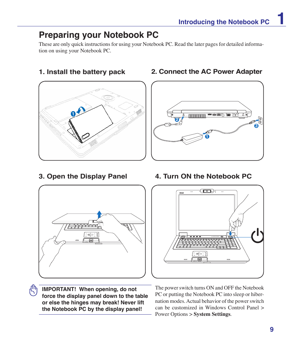 Preparing your notebook pc | Asus X72VM User Manual | Page 9 / 91