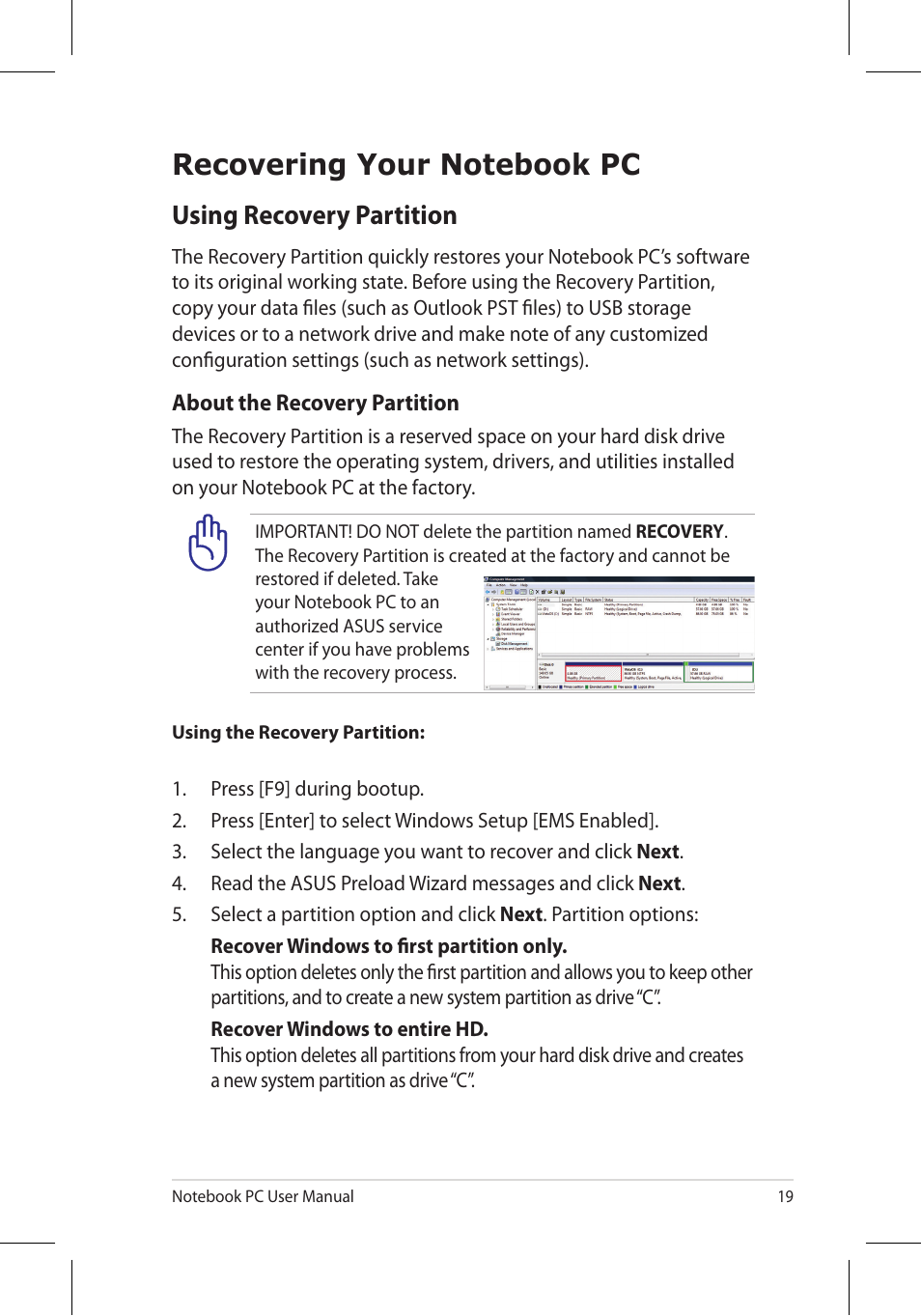 Recovering your notebook pc, Using recovery partition | Asus B53J User Manual | Page 19 / 34