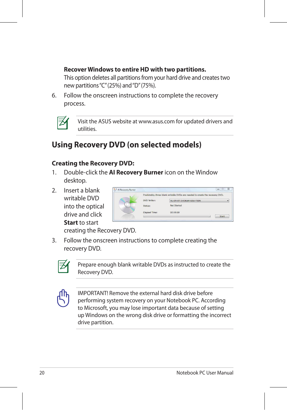 Using recovery dvd (on selected models) | Asus B53J User Manual | Page 20 / 34