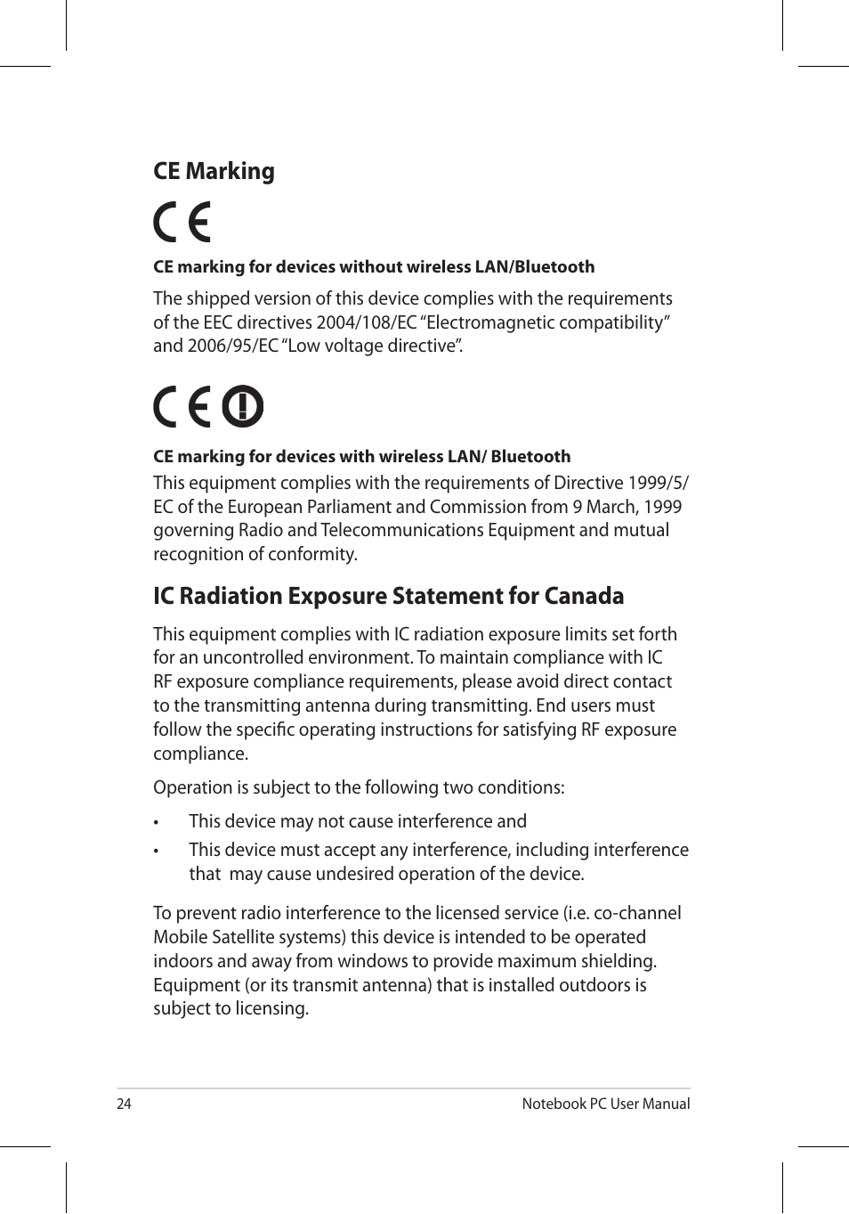 Ce marking, Ic radiation exposure statement for canada | Asus B53J User Manual | Page 24 / 34