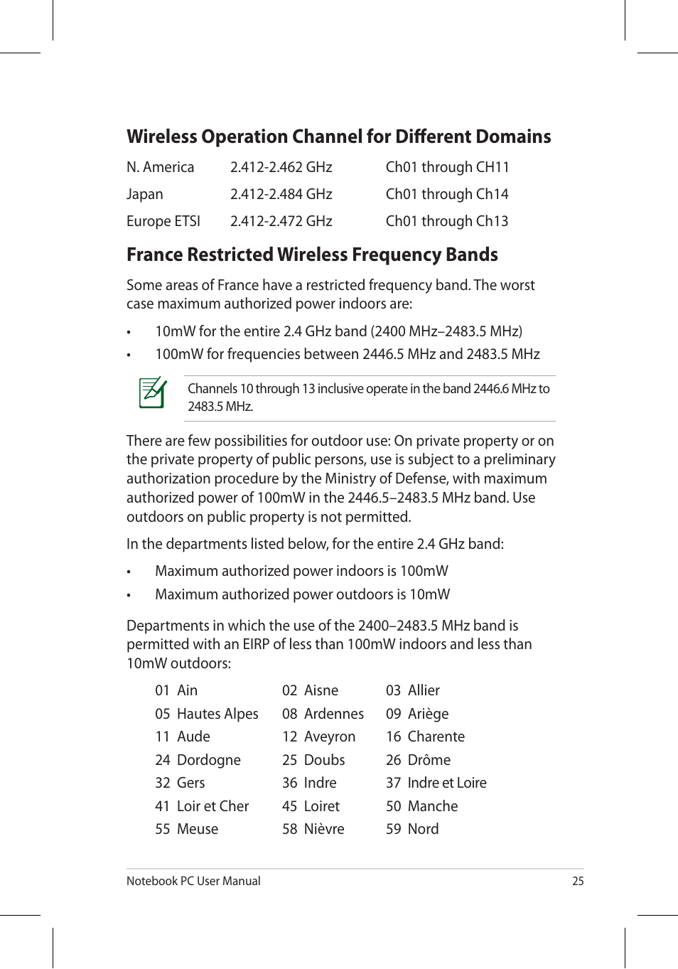 Wireless operation channel for different domains, France restricted wireless frequency bands | Asus B53J User Manual | Page 25 / 34