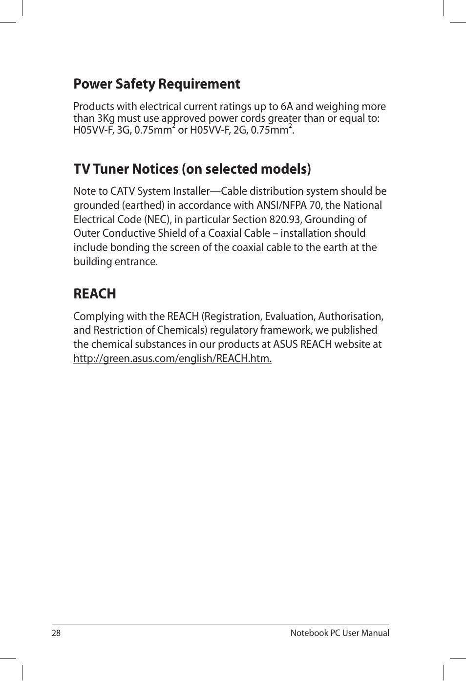 Power safety requirement, Reach, Tv tuner notices (on selected models) | Asus B53J User Manual | Page 28 / 34