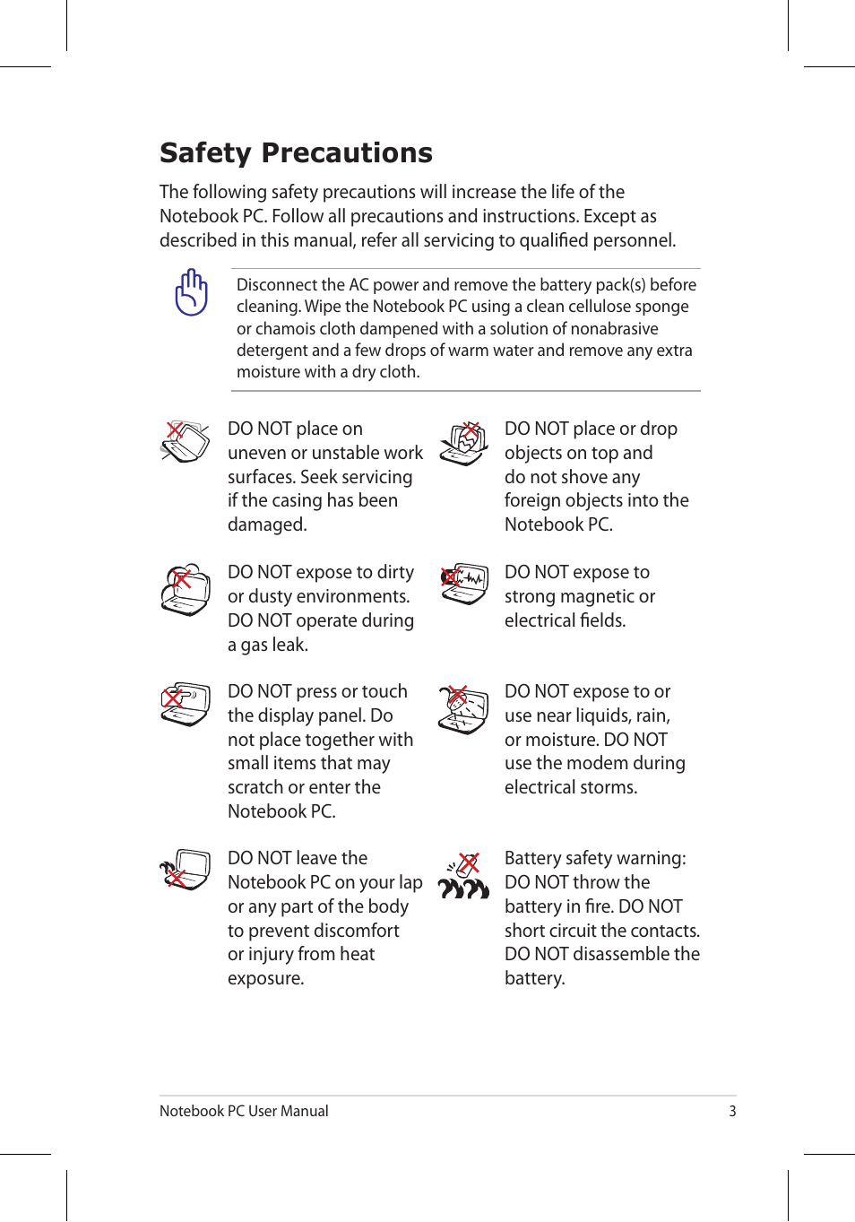 Safety precautions | Asus B53J User Manual | Page 3 / 34