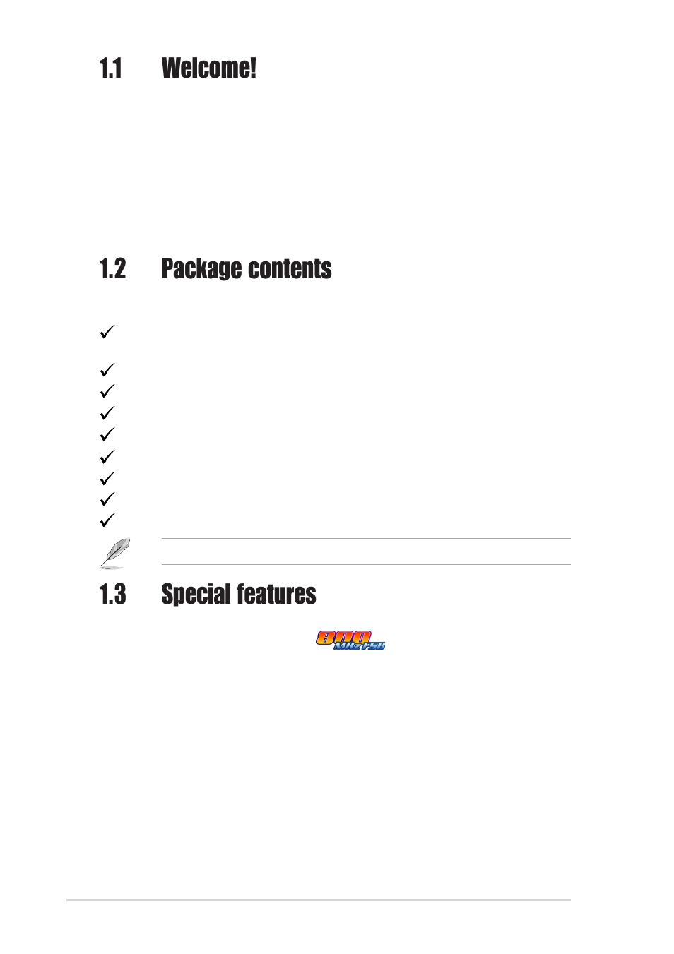 1 welcome, 2 package contents, 3 special features | Asus P4S800D User Manual | Page 12 / 84