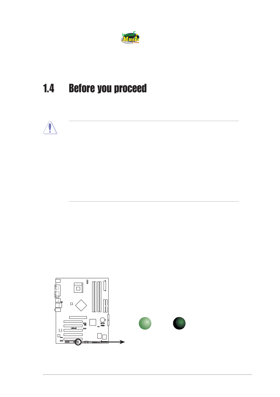 4 before you proceed, Onboard led, Asus instant music lite | Asus P4S800D User Manual | Page 15 / 84