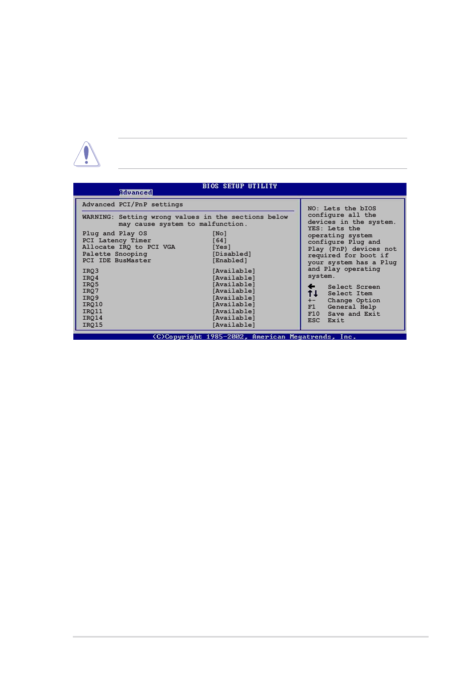 5 pci pnp, Plug and play o/s [no, Pci latency timer [64 | Allocate irq to pci vga [yes, Pallete snooping [disabled | Asus P4S800D User Manual | Page 57 / 84