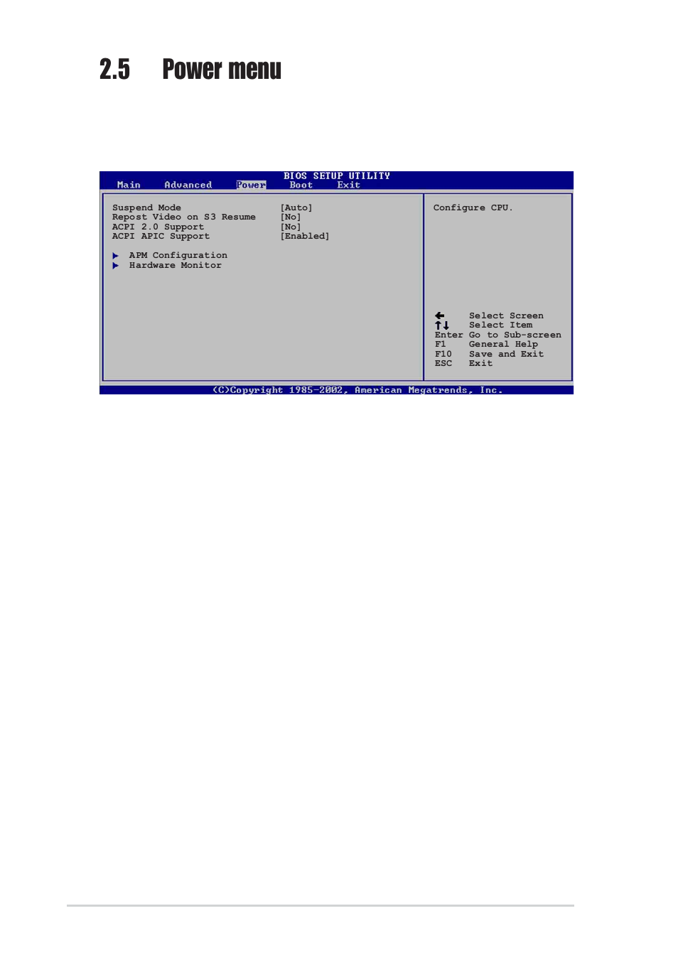 5 power menu, 1 suspend mode [auto, 2 repost video on s3 resume [no | 3 acpi 2.0 support [no, 4 acpi apic support [enabled | Asus P4S800D User Manual | Page 60 / 84