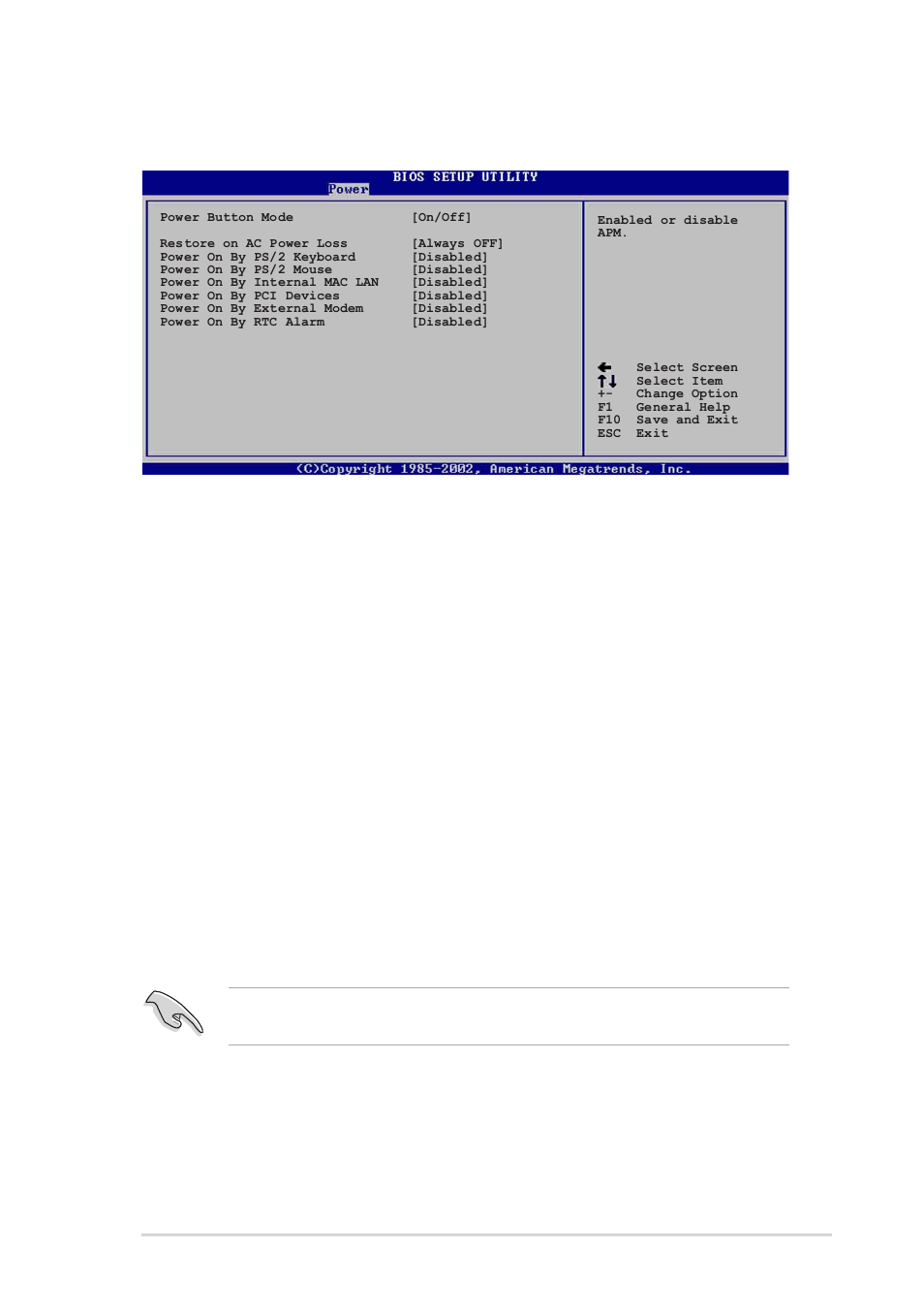 5 apm configuration, Power button mode [on/off, Restore on ac power loss [always off | Power on by ps/2 keyboard [disabled, Power on by ps/2 mouse [disabled, Power on by internal mac lan [disabled | Asus P4S800D User Manual | Page 61 / 84