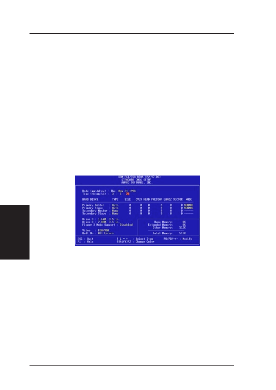 Iv. bios software, Standard cmos setup | Asus P2L97-DS User Manual | Page 42 / 72